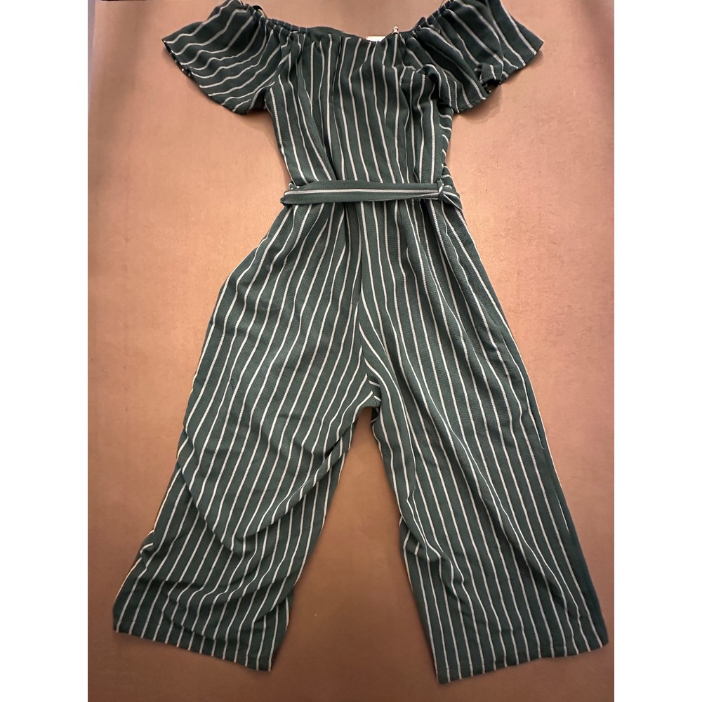 Monteau Womens Green Striped Off Shoulder Wide Leg Jumpsuit Size S Belted Lined - Picture 5 of 11
